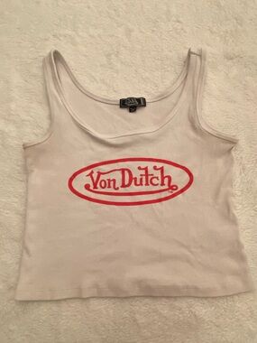 Von Dutch White Ribbed Tank with Black Logo Tag